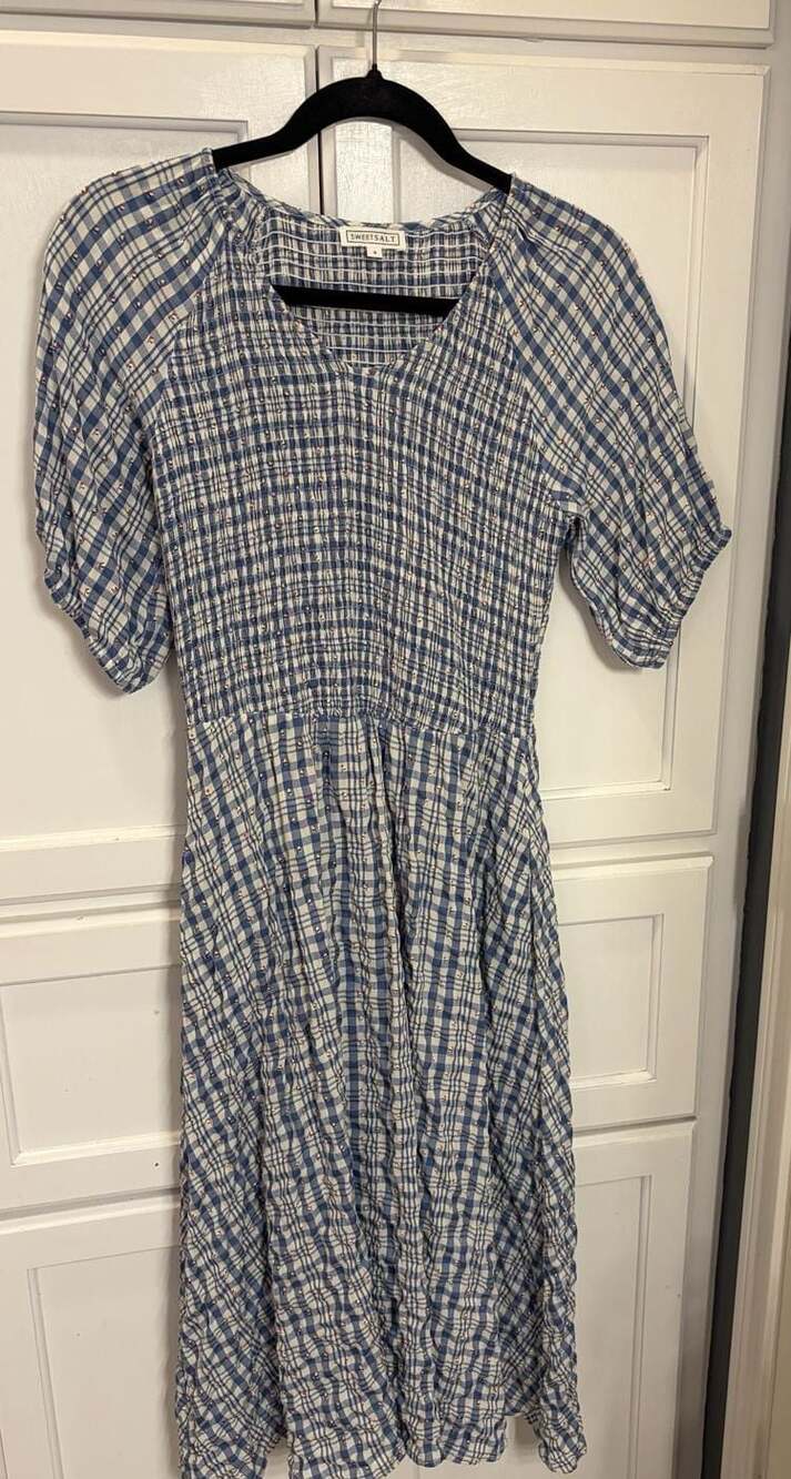 Sweetsalt Blue Gingham Sailboat Preppy Nautical Coastal Beach Smocked Dress,  S